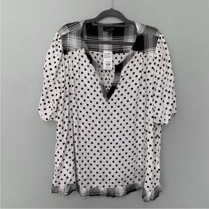 NEW Suzanne Betro retro black white mixed pring collared short sleeve blouse top